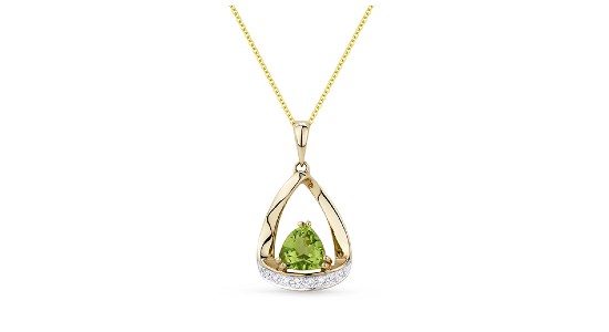 a unique pendant necklace featuring a peridot and diamond accents