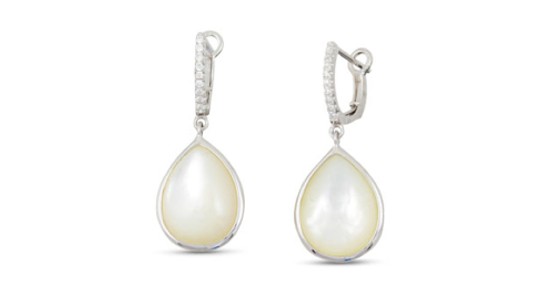 a pair of silver pearl drop earrings with diamond details.