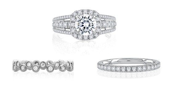 a halo engagement ring and two wedding bands by A.JAFFE