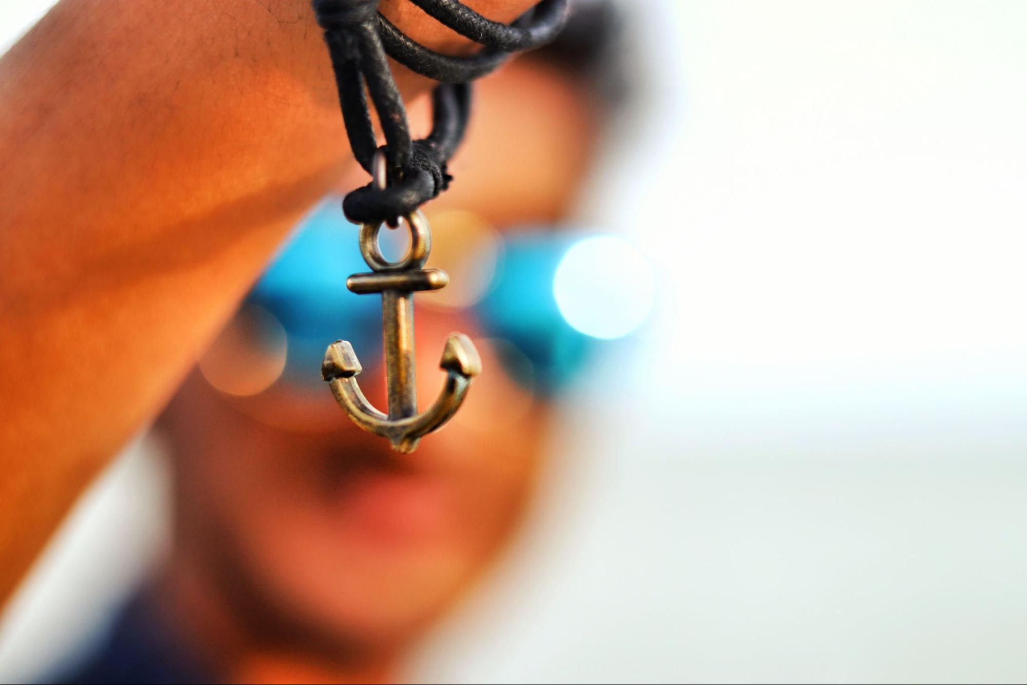 close up image of a person’s wrist wearing a leather bracelet with an anchor charm