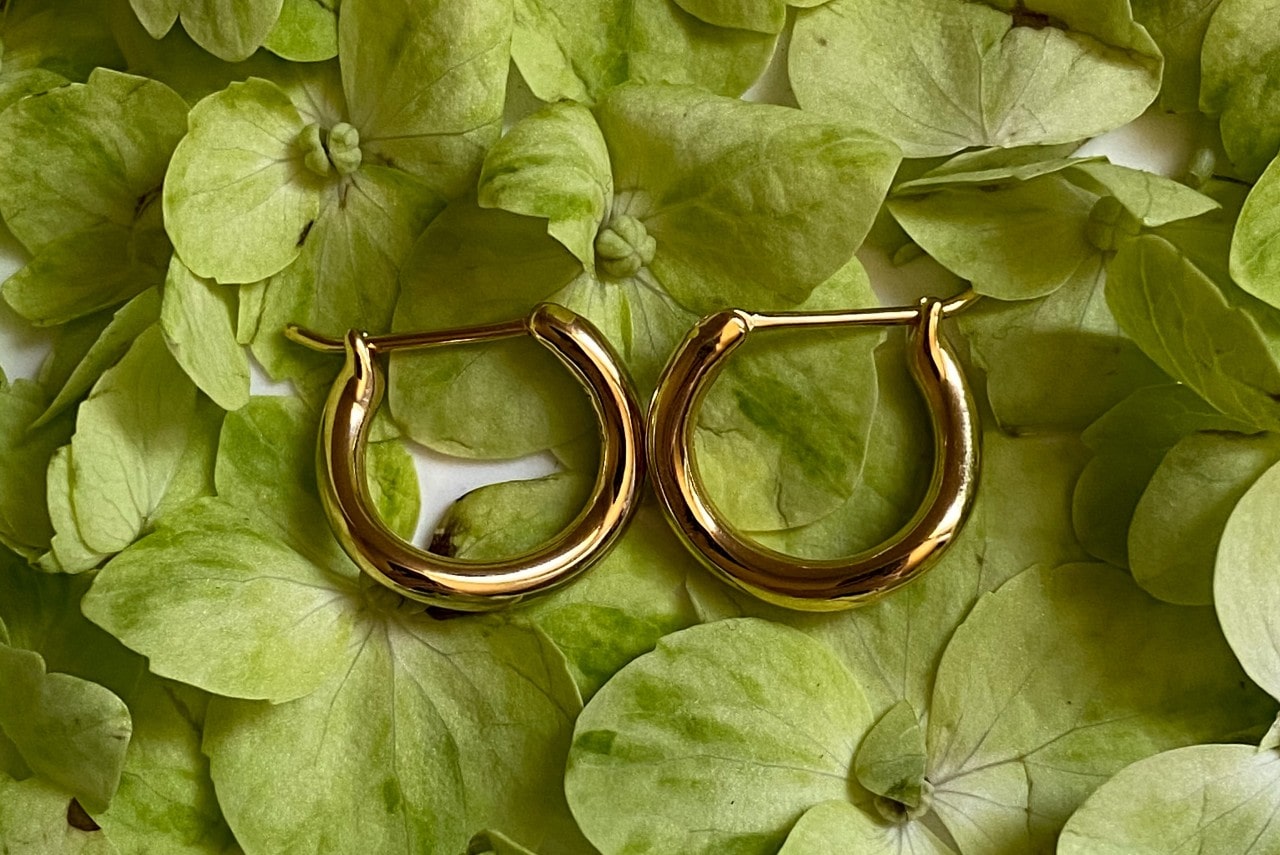 a pair of yellow gold huggies lying on a bed of green leaves