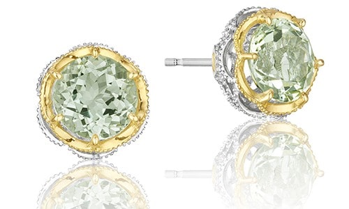 Gemstone stud earrings of peridot stones with gold and sterling silver by Tacori.